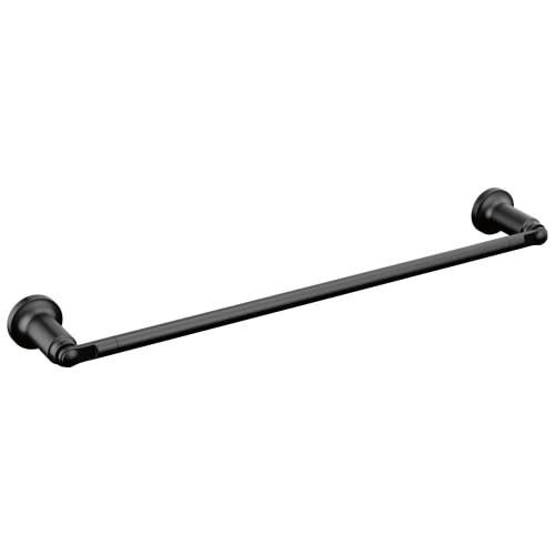 Black metal towel bar with decorative wall-mounted brackets on each end.