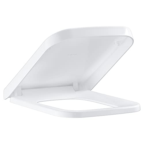 White elongated toilet seat with closed lid and chrome hinges, shown in open position.