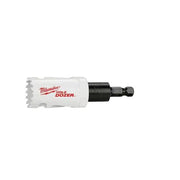 Milwaukee HOLE DOZER bi-metal hole saw with white cup and black arbor shaft.