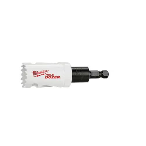 Milwaukee HOLE DOZER bi-metal hole saw with white cup and black arbor shaft.