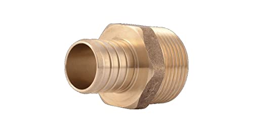 Brass male connector with crimp fitting on left side and threaded male port on right side.