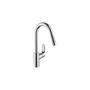 Chrome kitchen faucet with high curved spout and pull-down spray head with single lever handle.
