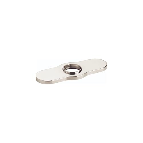 Brushed nickel rectangular base plate with centered circular mounting hole for single-hole faucet installation.