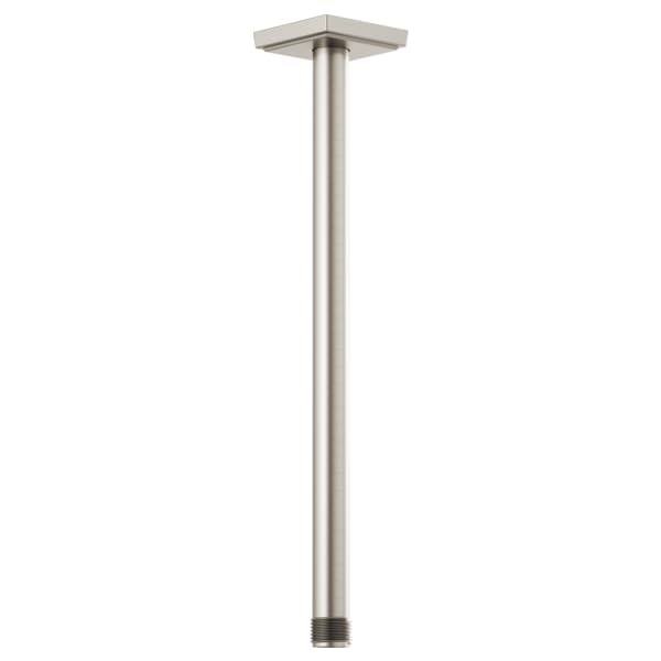 Luxe nickel ceiling mount shower arm with square flange and threaded connector, 14 inches long.