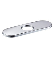 Chrome base plate with single center hole for faucet installation, elongated oval shape with rounded edges.