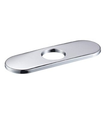 Chrome base plate with single center hole for faucet installation, elongated oval shape with rounded edges.