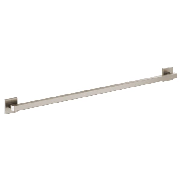 Brushed nickel linear grab bar with square mounting brackets at each end.