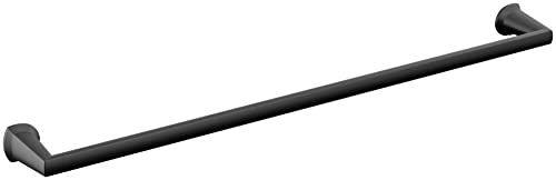 Black metal towel bar with curved mounting brackets on each end, approximately 30 inches long.
