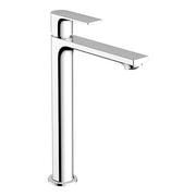 Chrome single-hole bathroom faucet with tall cylindrical base and horizontal spout.