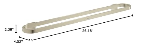Brushed nickel towel bar with mounting brackets and dimensions labeled: 26.18" length, 4.52" depth, 2.36" height.