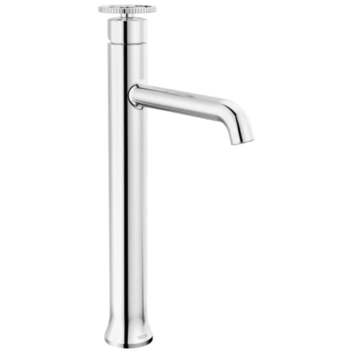 Chrome single-handle vessel faucet with tall cylindrical spout and wheel control at top.