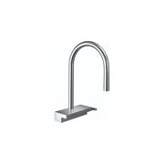 Chrome high-arc kitchen faucet with pull-down spray head and rectangular base.