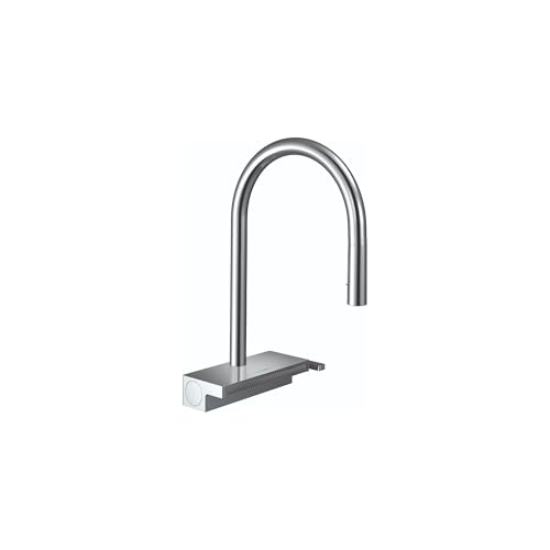 Chrome high-arc kitchen faucet with pull-down spray head and rectangular base.