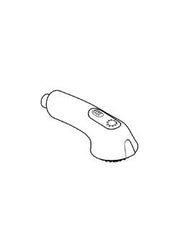 Chrome and light gray pull-out spray head with control button and flexible hose connection.
