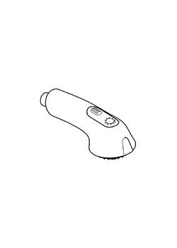 Chrome and light gray pull-out spray head with control button and flexible hose connection.