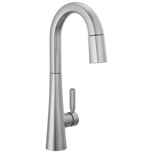 Stainless steel single-handle pull-down faucet with curved gooseneck spout and side lever control.