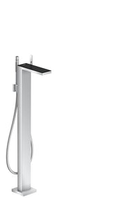 Chrome and black glass freestanding tub filler with attached handshower and hose.