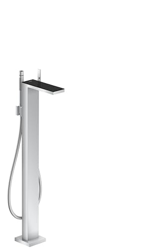 Chrome and black glass freestanding tub filler with attached handshower and hose.