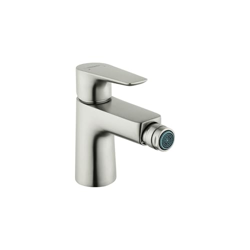 Brushed nickel single-hole bidet faucet with lever handle and pull-out spray nozzle.
