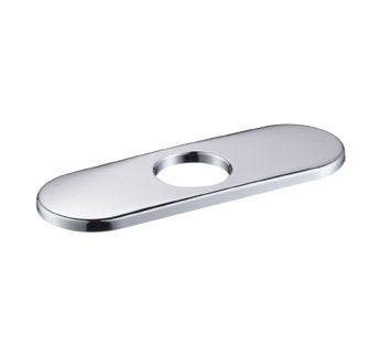 Polished nickel base plate with single center hole for faucet installation, oval shape with rounded edges.