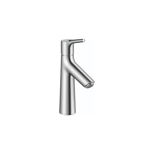 Chrome single-hole bathroom faucet with curved spout and lever handle.