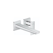 Chrome wall-mount faucet trim with single lever handle and rectangular spout extending from square mounting plates.