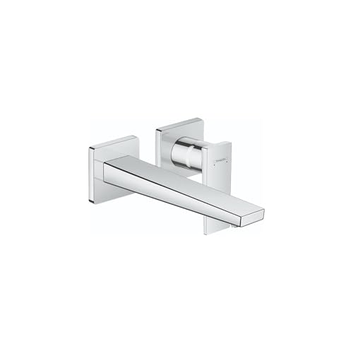 Chrome wall-mount faucet trim with single lever handle and rectangular spout extending from square mounting plates.