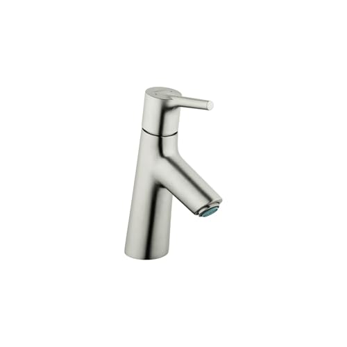Brushed nickel single-hole bathroom faucet with curved spout and lever handle.