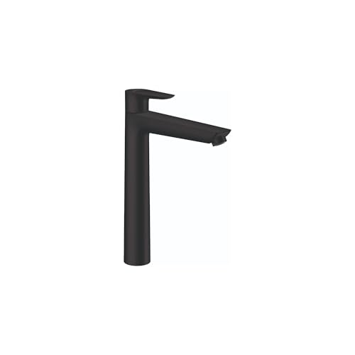Matte black single-hole bathroom faucet with tall cylindrical body and curved spout.