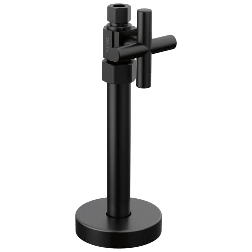 Black straight supply stop valve with cross handle and round base mounting plate.