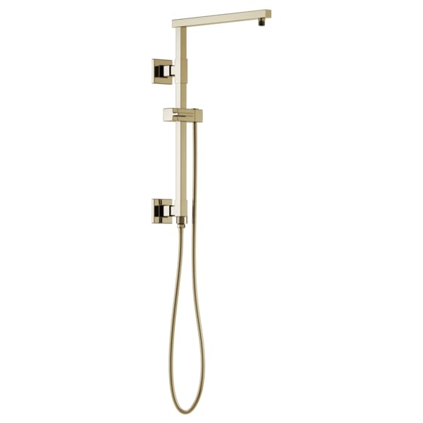 Gold-tone shower column with linear square design, overhead rainfall showerhead, handheld spray, and adjustable slide bar.