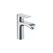 Chrome single-hole bathroom faucet with curved spout and cylindrical body.