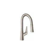 Stainless steel pull-down kitchen faucet with curved spout and single lever handle.
