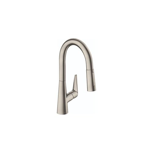 Stainless steel pull-down kitchen faucet with curved spout and single lever handle.