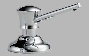 Chrome soap and lotion dispenser with dome-shaped pump and curved lever spout on round base.