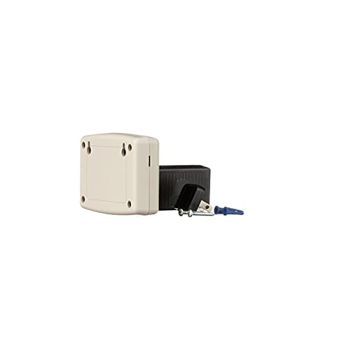 Beige remote timer control unit with black transformer and blue connector cable for washing machine shutoff valve.