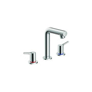 Chrome widespread bathroom faucet with tall arched spout and two lever handles.