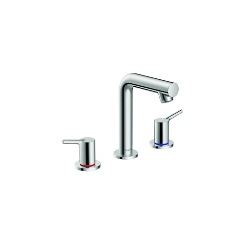 Chrome widespread bathroom faucet with tall arched spout and two lever handles.