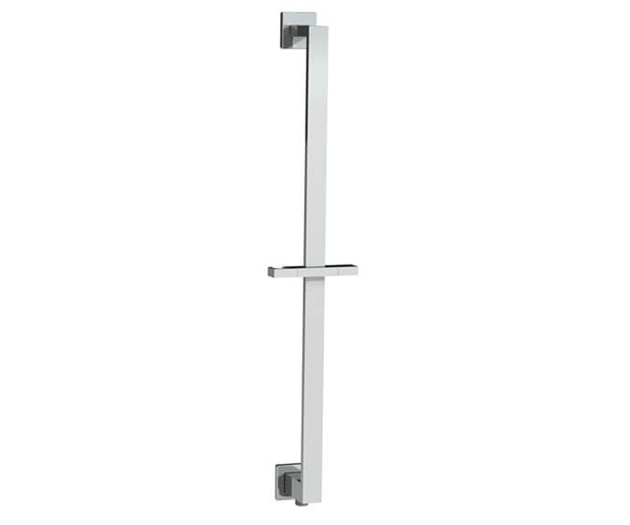 Brushed nickel rectangular shower slide rail with adjustable handshower holder and bottom support bracket.