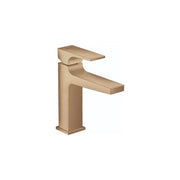 Brushed bronze single-hole bathroom faucet with angular lever handle and rectangular spout.