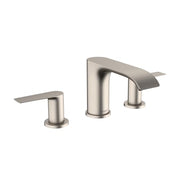 Brushed nickel widespread bathroom faucet with cylindrical spout and two lever handles.