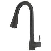 Matte black gooseneck kitchen faucet with single handle and pull-down spray head.