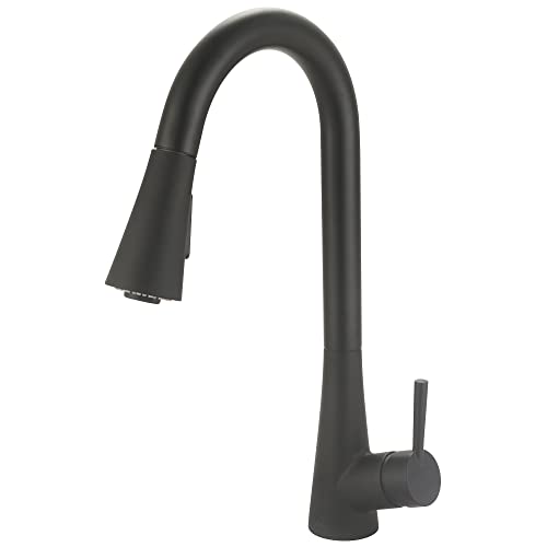 Matte black gooseneck kitchen faucet with single handle and pull-down spray head.