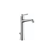 Chrome single-hole bathroom faucet with tall curved spout and lever handle.