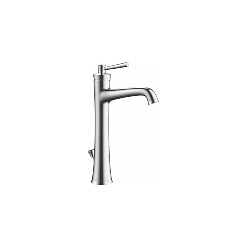 Chrome single-hole bathroom faucet with tall curved spout and lever handle.
