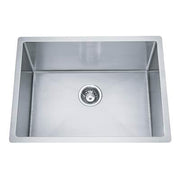 Stainless steel single bowl undermount kitchen sink with drain strainer viewed from above.
