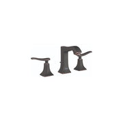 Rubbed bronze three-piece widespread faucet with single spout and two lever handles.