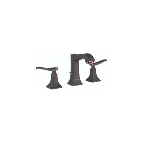 Rubbed bronze three-piece widespread faucet with single spout and two lever handles.