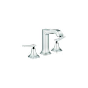Chrome widespread bathroom faucet with tall center spout and two lever handles.