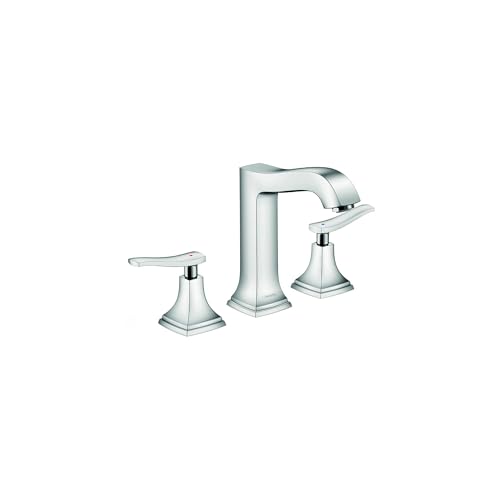 Chrome widespread bathroom faucet with tall center spout and two lever handles.